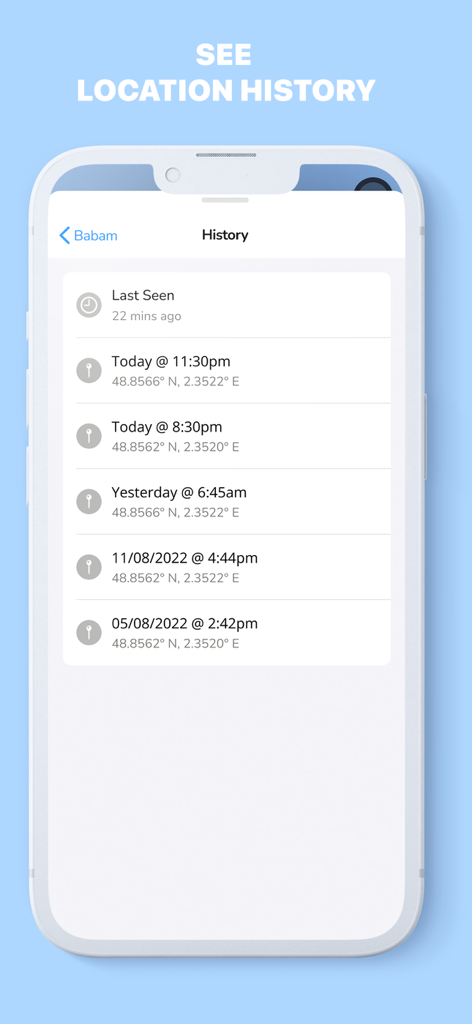 Mobile App-Oberfläche, die den Standortverlauf mit Zeitstempeln und Koordinaten für einen verfolgten Kontakt anzeigt