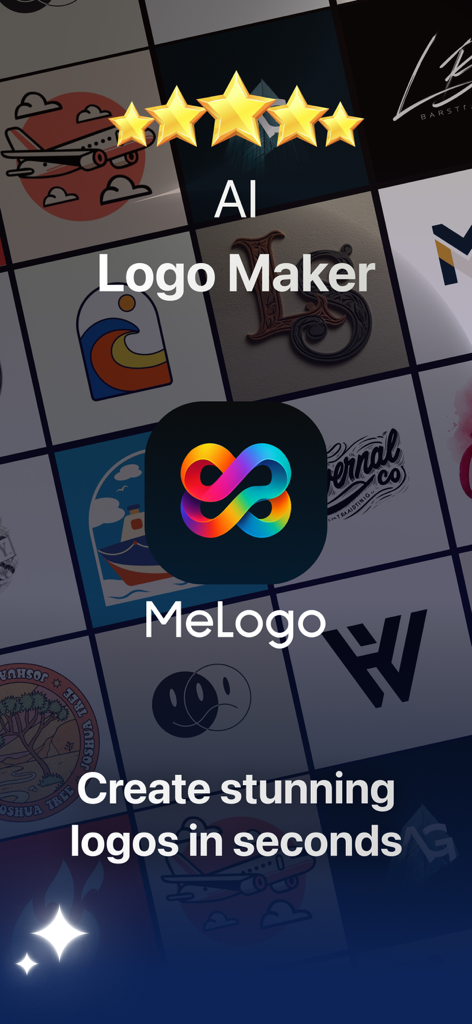 AI Logo Maker - MeLogo - MeLogo AI Logo Maker app splash screen showing various creative logo designs and a five star rating.
