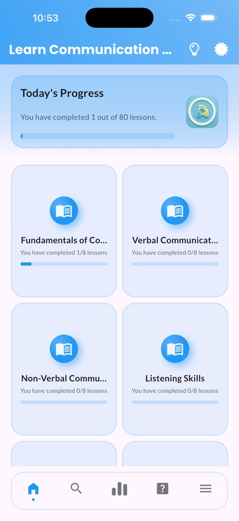 Interface do aplicativo Learn Communication Skills mostrando progresso e categorias de lições como comunicação verbal e não verbal.