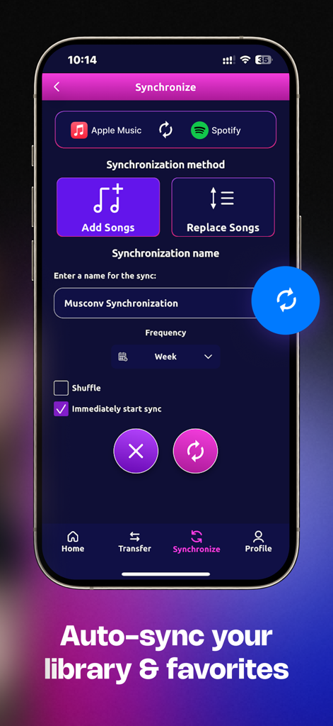 MusConv: Playlist Transfer - Interfaz de la app MusConv mostrando la configuración de sincronización entre Apple Music y Spotify