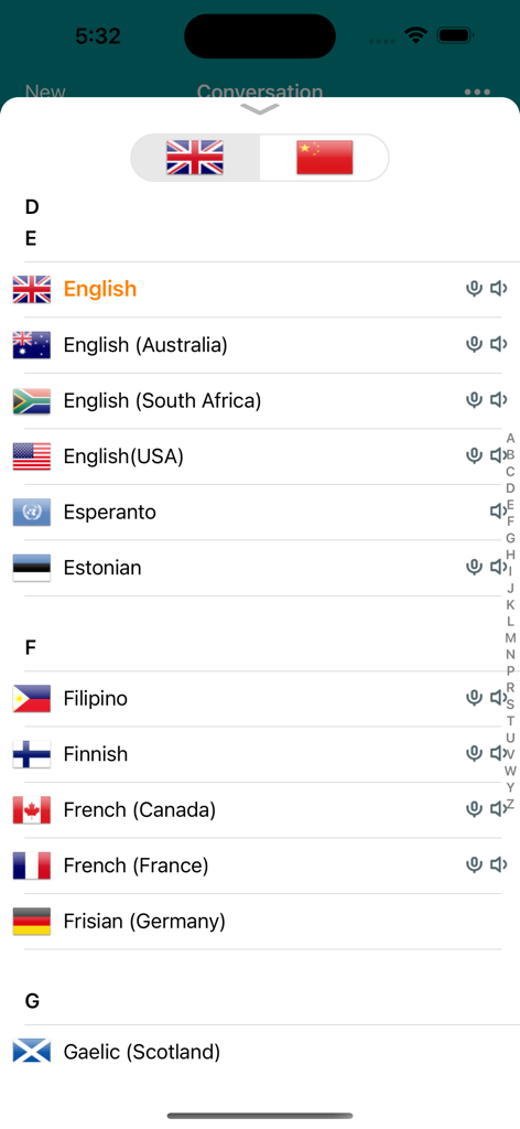 Language selection menu in the Translator app showing a list of languages with flags and voice icons