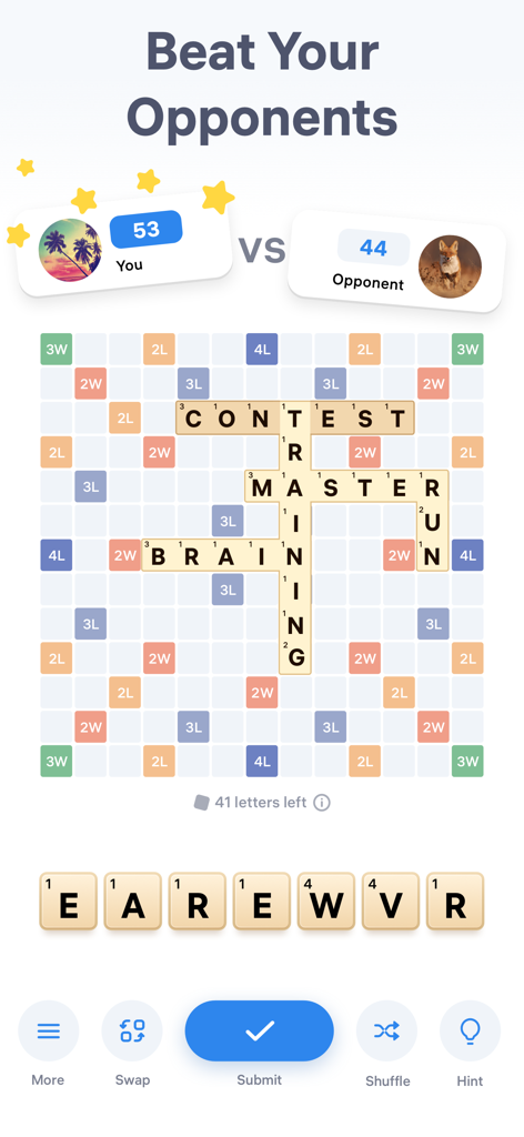 Easy Words - Word Puzzle Games - Easy Words 게임 플레이 스크린샷, 단어 보드와 플레이어 간의 점수 비교를 보여줌