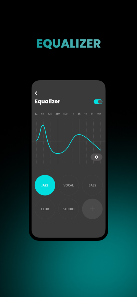Interface of the AKG Headphones app equalizer showing frequency adjustments and sound presets like Jazz and Vocal