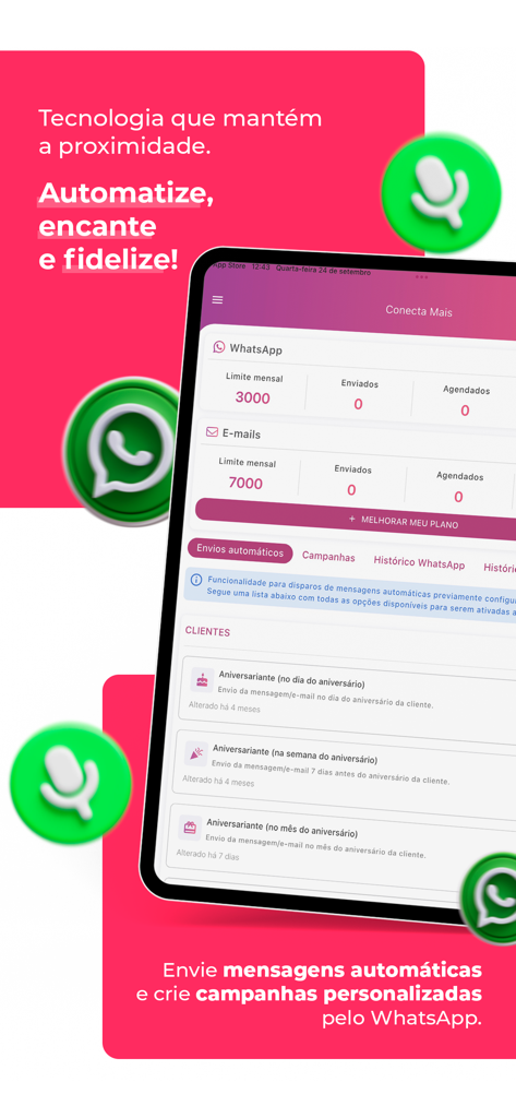 Empresária Online - Tela do aplicativo Empresaria Online mostrando recursos de automação de WhatsApp e e-mail para gerenciamento de relacionamento com o cliente