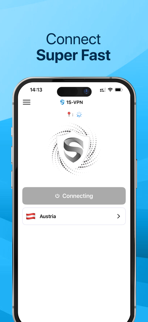 1S VPN- Secure Unlimited Proxy - 1S VPN mobile app interface showing a fast connection screen with an Austrian server selected