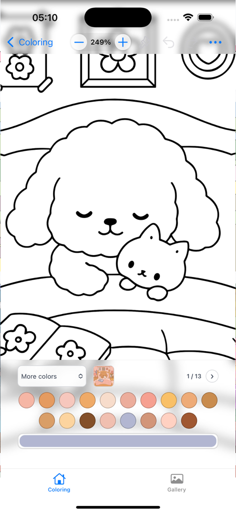 Arte lineal Kawaii de un perro durmiendo abrazando a un gatito en una cama con una paleta de colores pastel para colorear digitalmente