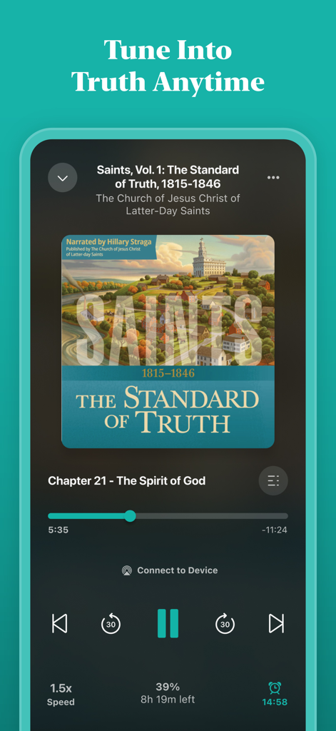 Deseret Bookshelf audiobook player interface playing Saints The Standard of Truth