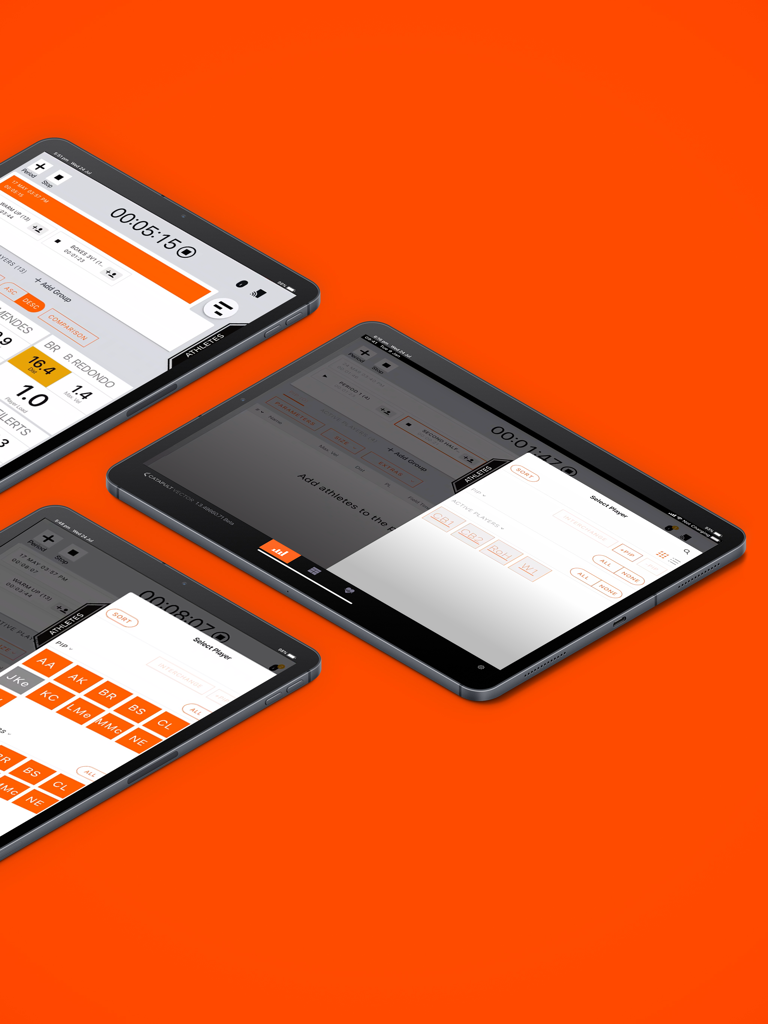 Three iPads displaying different screens of the Vector Live sports performance tracking app by Catapult Sports