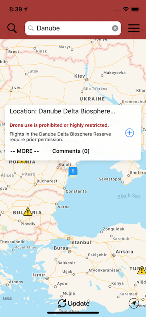 DroneMate - DroneMate app map interface showing drone flight restrictions and permit requirements for the Danube Delta Biosphere
