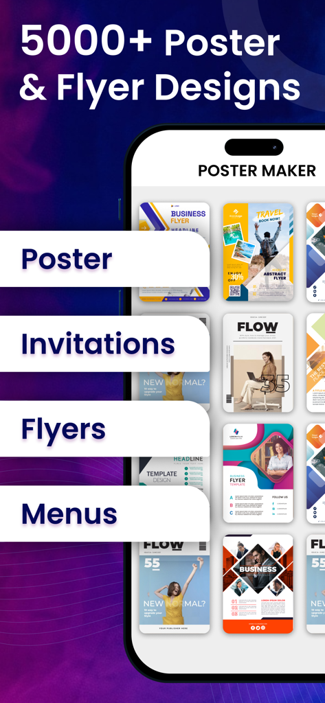 AI Poster Maker & Flyer Design - A smartphone screen displaying a grid of professional flyer and poster templates for business travel and lifestyle categories.