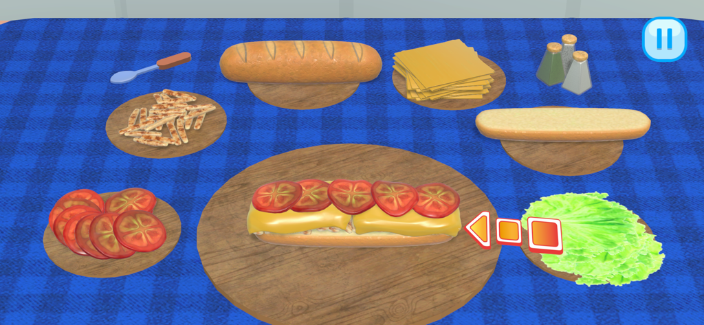 Cooking Time! - Una pantalla de cocina virtual que muestra el montaje de un sándwich en la aplicación móvil ¡Hora de Cocinar!.