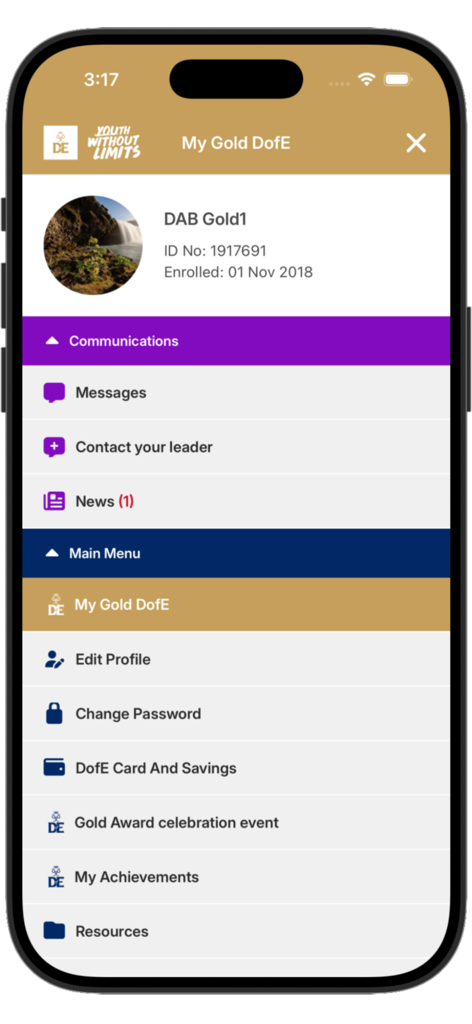 Main menu screen of the DofE app for a Gold Award participant