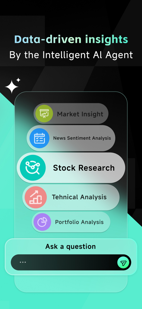 Interface de l'application Intellectia montrant l'Agent IA intelligent avec des options pour les informations du marché, le sentiment de l'actualité et la recherche d'actions