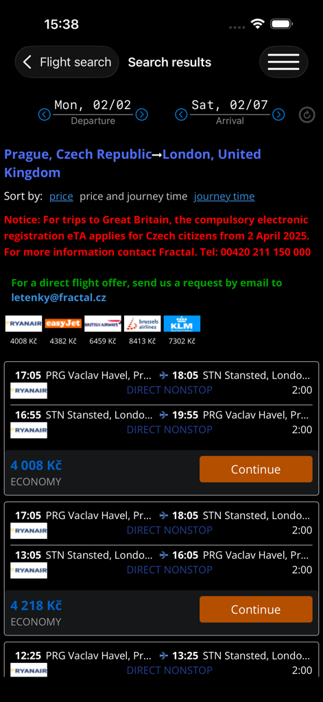 AirTickets: Quick Booking - Resultados de busca de voos mostrando opções de companhias aéreas e preços para uma viagem de Praga a Londres no aplicativo AirTickets