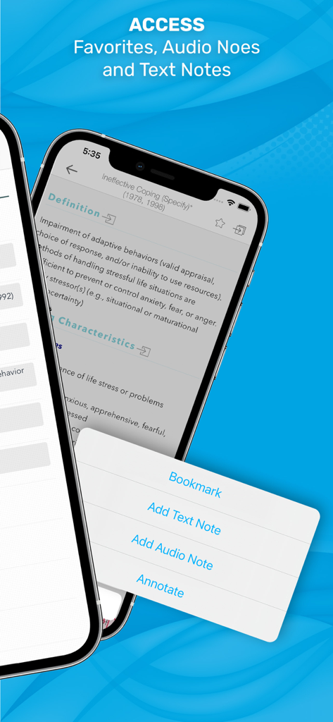 Manual of Nursing Diagnosis - Manual of Nursing Diagnosis app screen showing options to add text notes, audio notes, and bookmarks.
