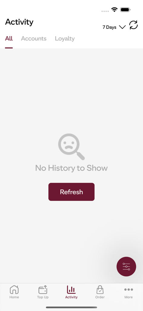 Costa Coffee Gibraltar - コスタコーヒー ジブラルタルアプリのアクティビティ画面。表示する履歴がないというメッセージと更新ボタンが表示されています