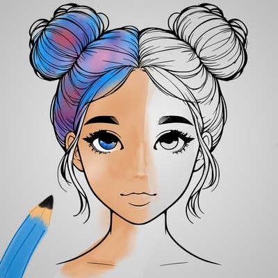 realistic girl with two buns on top of her head