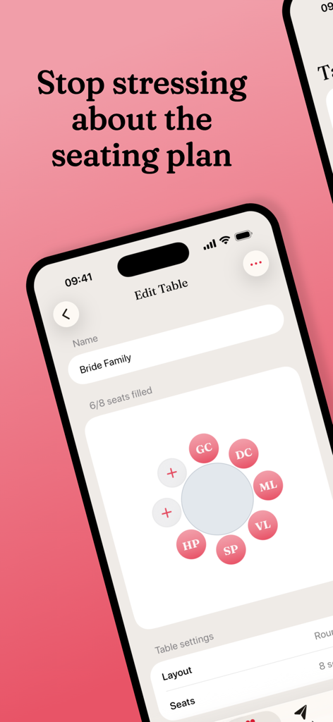 A mobile app interface showing a round wedding table seating chart for the bride's family with assigned guest initials.