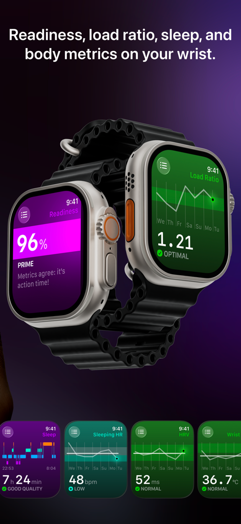The Outsiders: Athlete Tracker - Aplicativo The Outsiders no Apple Watch exibindo prontidão de treinamento e relação de carga