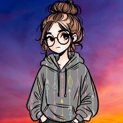 teen girl with a messy bun and glasses wearing a loose hoodie and jeans