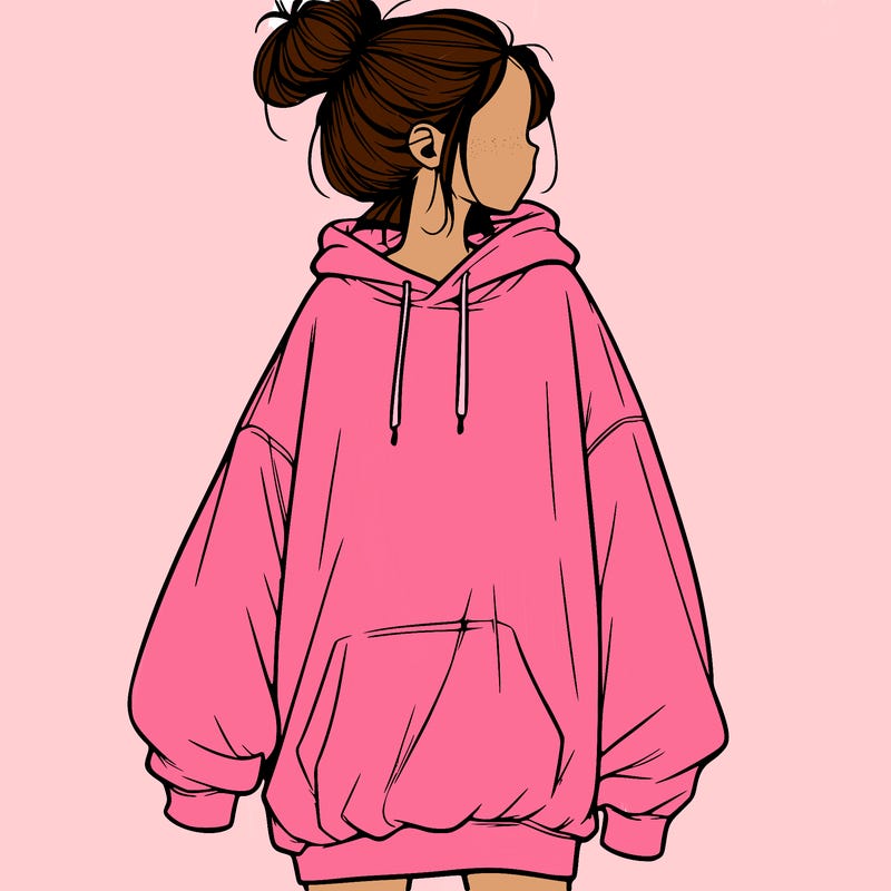 realistic girl with a oversized sweatshirt on and a bun