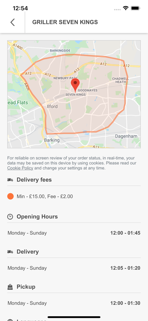Griller (Seven Kings) - Delivery area map and opening hours for Griller Seven Kings app