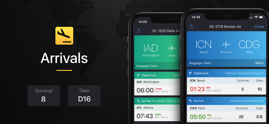 Flight Board - Interface of Flight Board app showing real time arrival and departure flight details on smartphones