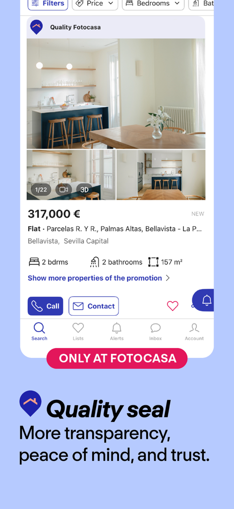 Fotocasa mobile app property listing for a modern apartment in Seville showing the quality seal.