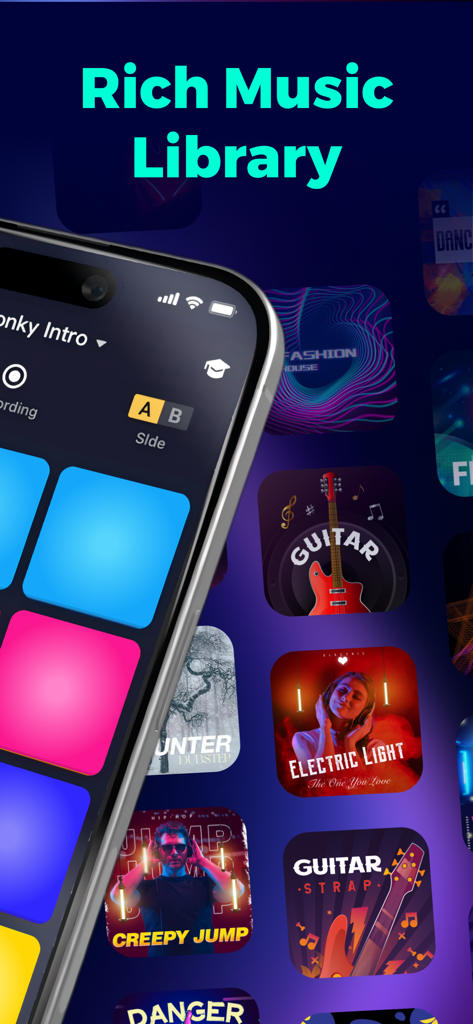 Beat Maker - Music Drum Pad - Beat Maker App-Oberfläche mit bunten Drum-Pads und Musikgenre-Covern