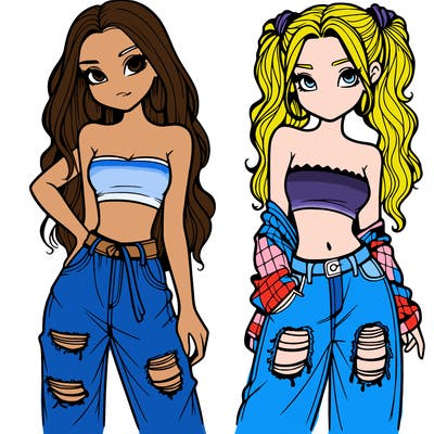 2 girls in crop tops and baggy jeans ripped