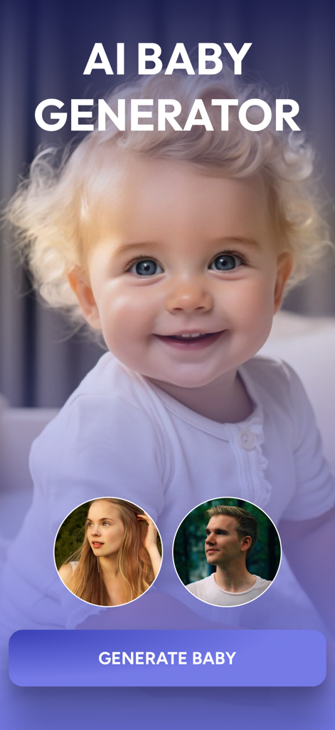 Interface de l'application Baby AI Face montrant un portrait de bébé généré avec des photos des parents téléchargées