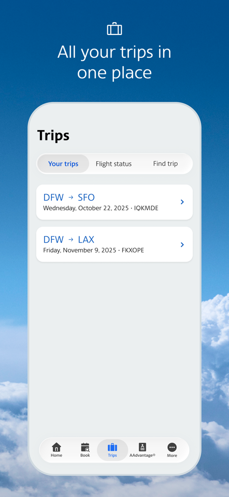 American Airlines app screen showing a list of upcoming flight trips.