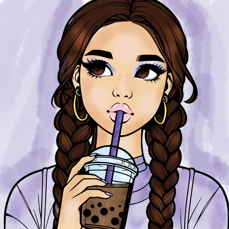 realistic girl with braided hair drinking boba