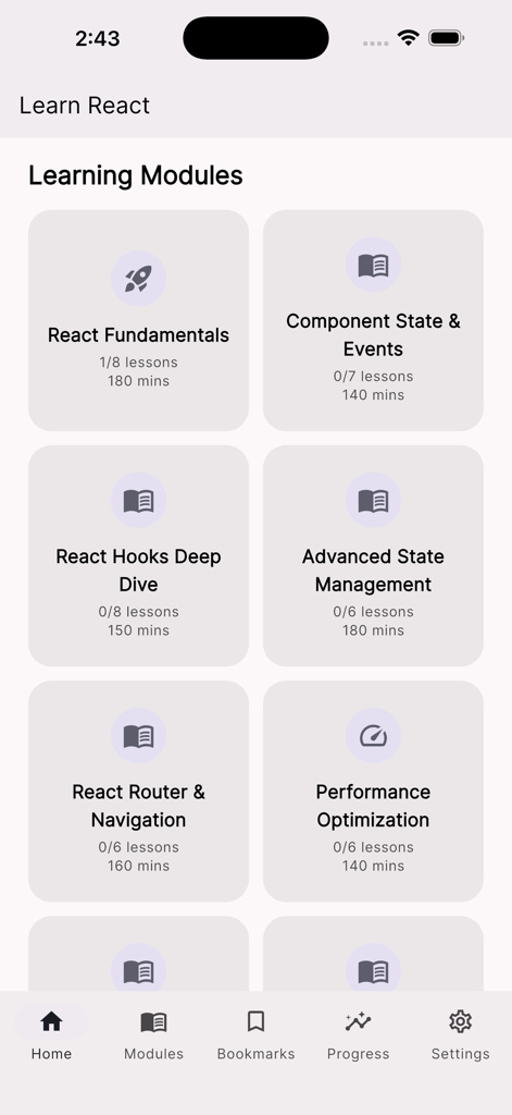 Bildschirm der mobilen App, der verschiedene React JS Lernmodule wie Grundlagen, Hooks und State Management zeigt