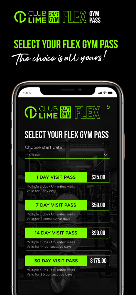 Club Lime Flex Gym Pass - Mobile screen for choosing Club Lime Flex Gym Pass options including 1 7 14 and 30 day visits