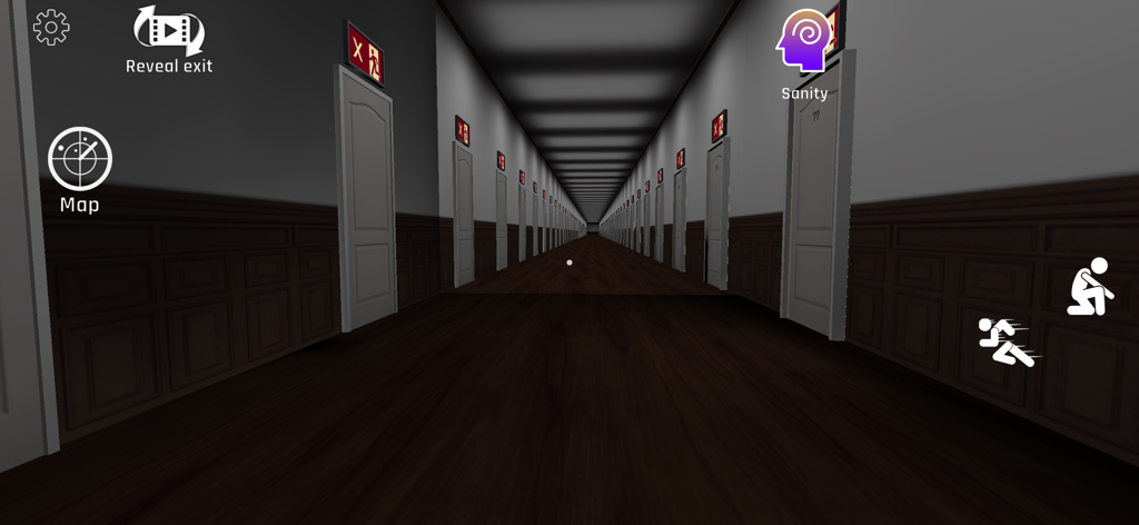 Backrooms Anomaly - First person view of a long creepy hallway with many doors in the Backrooms Anomaly mobile game