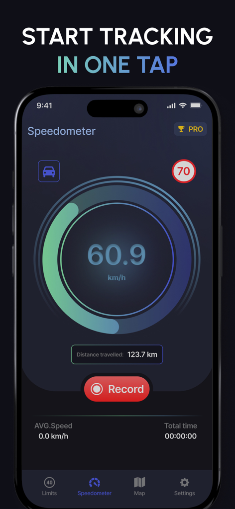 HUD Speed Display‧ - Interfaz de la aplicación HUD Speed Display que muestra el seguimiento de velocidad en tiempo real y un diseño de tablero minimalista.