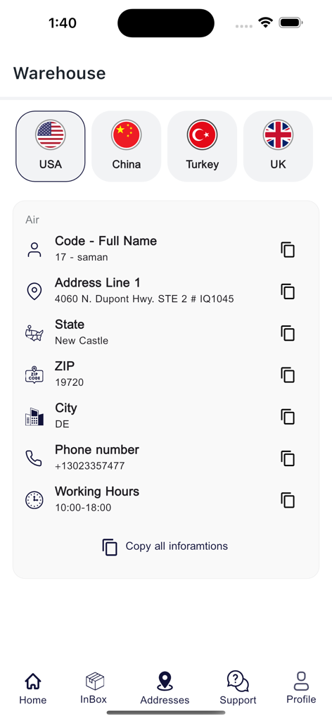 Moovit Express - Moovit Express app interface showing warehouse addresses for international shipping in USA China Turkey and UK