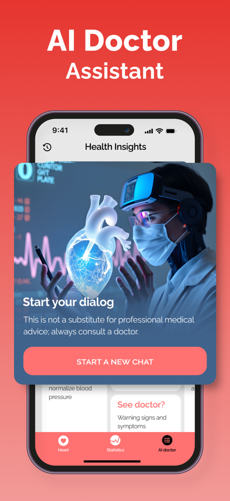 Heart Rate Monitor Variability - Una captura de pantalla de la aplicación Monitor de Frecuencia Cardíaca que muestra la interfaz de chat del Asistente Médico IA con una visualización de corazón digital.