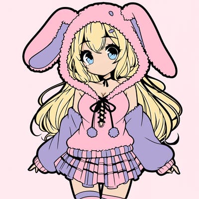 pretty anime girl wearing a fluffy hoodie with bunny ears on the hood and a skirt