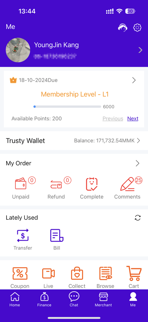 Trusty Pay - User profile interface of the Trusty Pay mobile app showing wallet balance in Myanmar Kyat, membership rewards level, and order management icons.