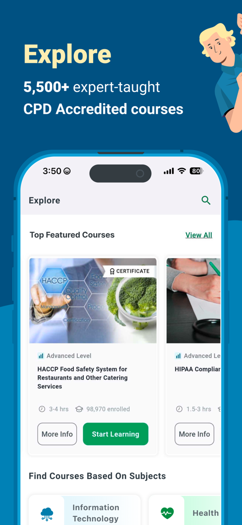 Screenshot of the Alison app explore page featuring CPD accredited courses like HACCP Food Safety