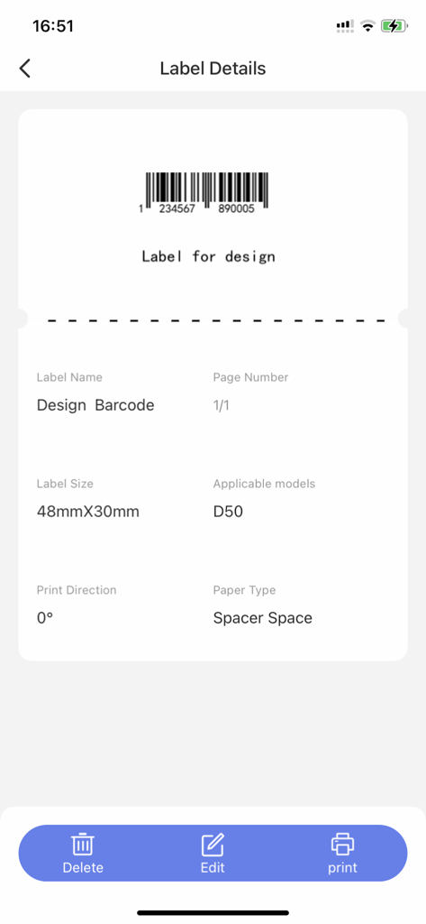 Air Label - Air Label app screen showing barcode label specifications and print settings