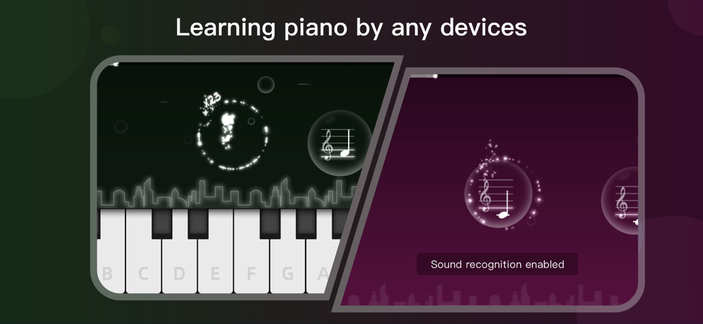 InstaPiano app interface showing a virtual keyboard and sound recognition feature for learning piano.
