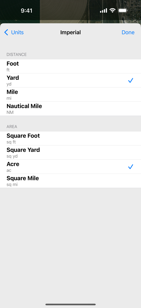 Tela do aplicativo Planimeter mostrando configurações de unidades imperiais para medições de distância e área