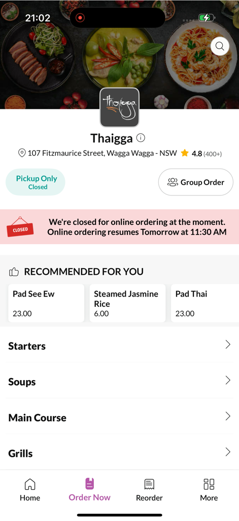The Thaigga app interface displaying a Thai cuisine menu with recommended items and food categories