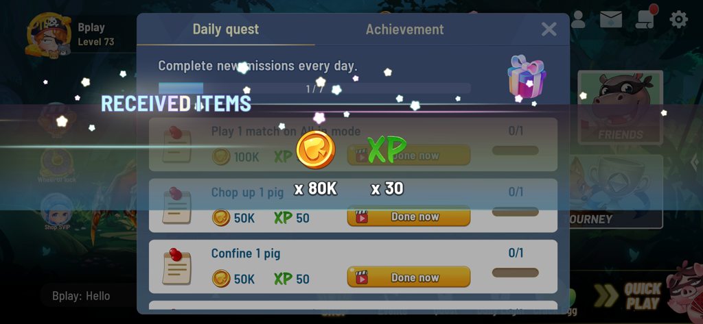 Ba Bich Game - Ba Bich Game daily rewards interface showing received gold coins and XP