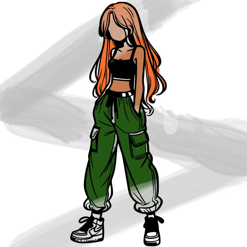 girl in baggy pants crop top and long hair
