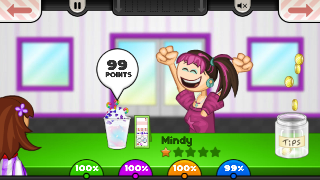 Tela de jogo do Papa's Freezeria To Go mostrando um cliente feliz recebendo um sundae com altas pontuações e gorjetas.