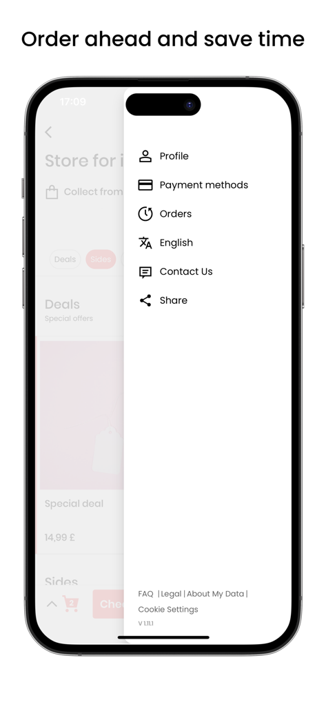 Nutrio Bar - Side menu of the Nutrio Bar app showing options for profile, payments, and order history